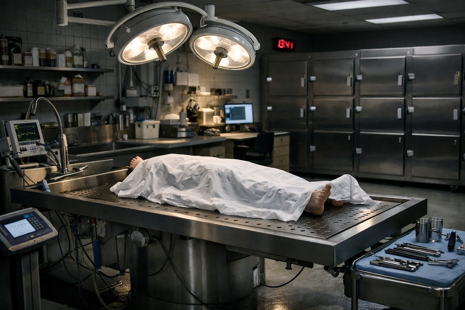 Morgue technique ultra réaliste avec table de préparation, équipements médicaux et compartiments réfrigérés