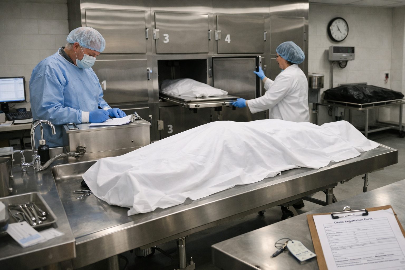 Chambre mortuaire d’hôpital après un décès hospitalier avec personnel médical et espace de conservation du défunt