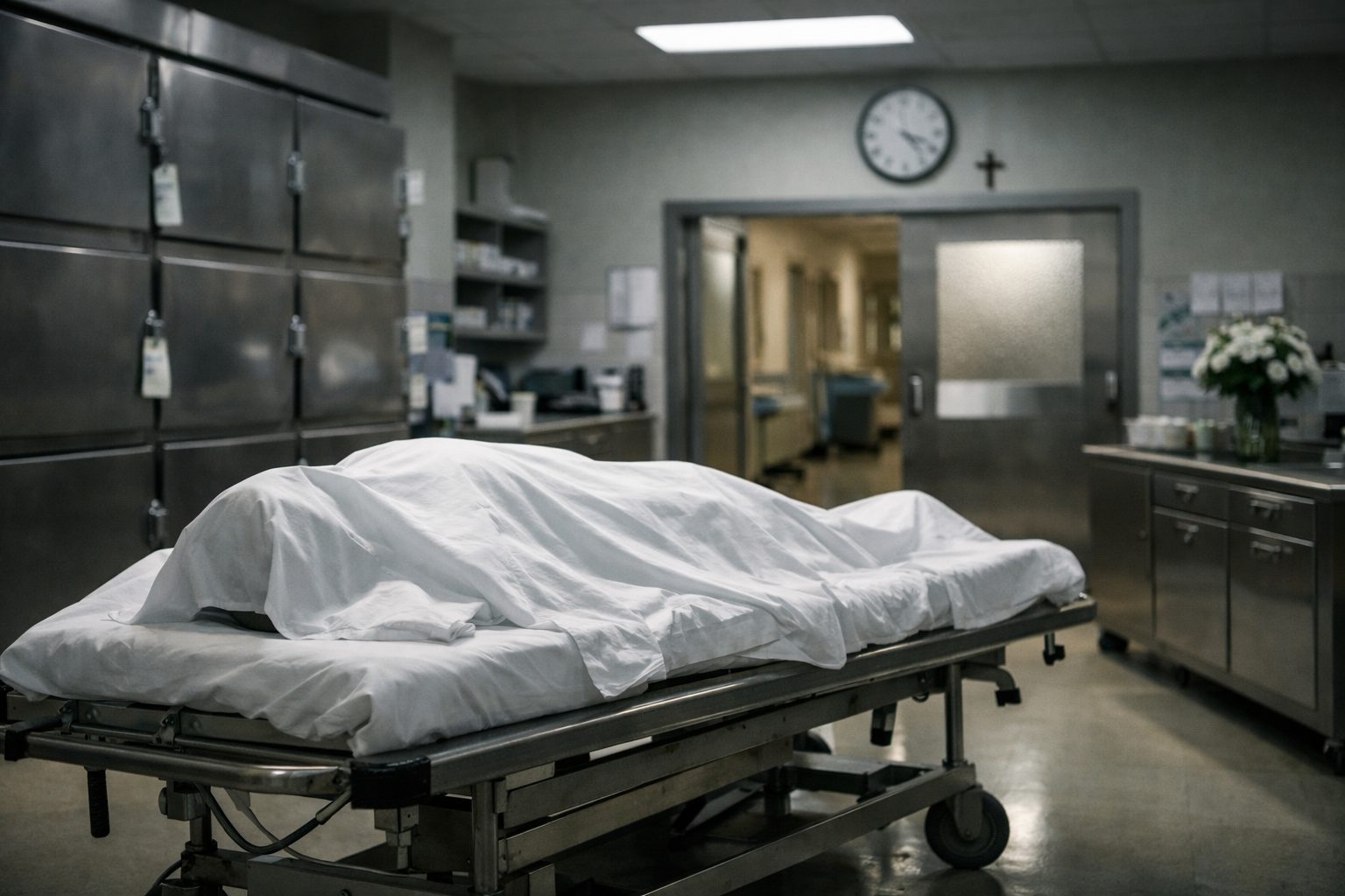 Salle de chambre mortuaire à l’hôpital avec brancard recouvert d’un drap blanc, espace sobre et médicalisé