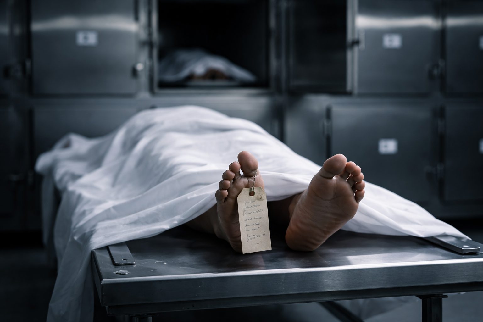 Corps recouvert d’un drap sur une table de morgue dans une chambre froide mortuaire