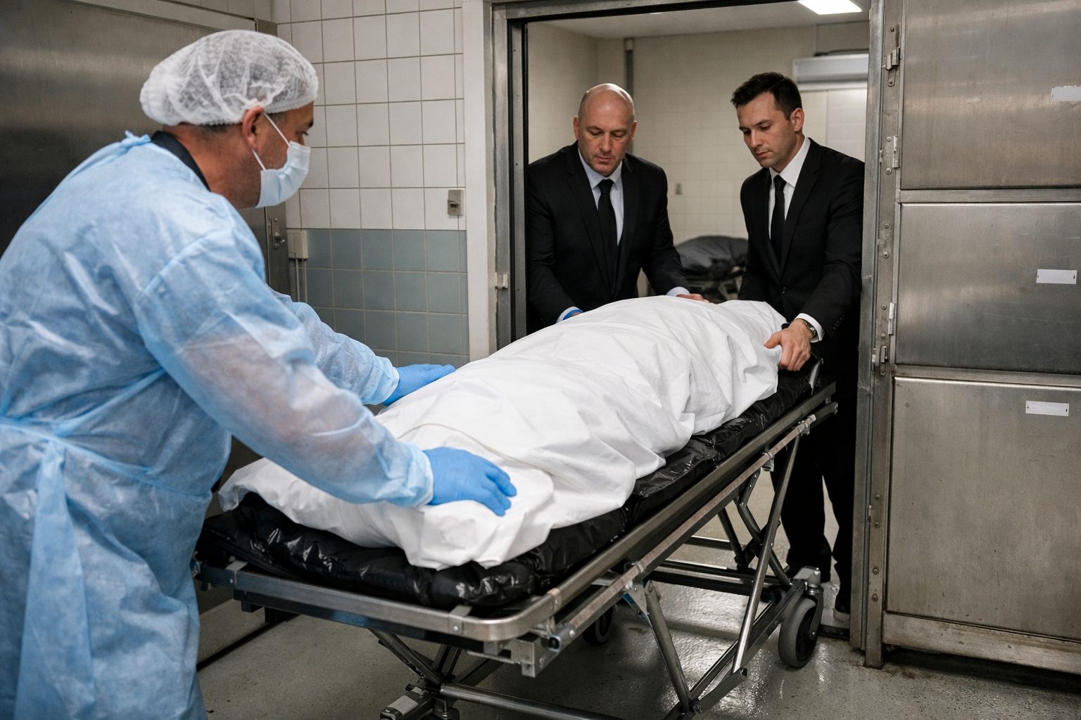 Remise du corps par la morgue aux pompes funèbres sur un chariot mortuaire dans un espace hospitalier