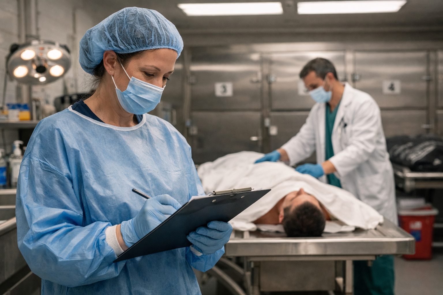 Professionnels de santé dans une chambre mortuaire d’établissement de santé lors de la gestion et de la prise en charge d’un défunt