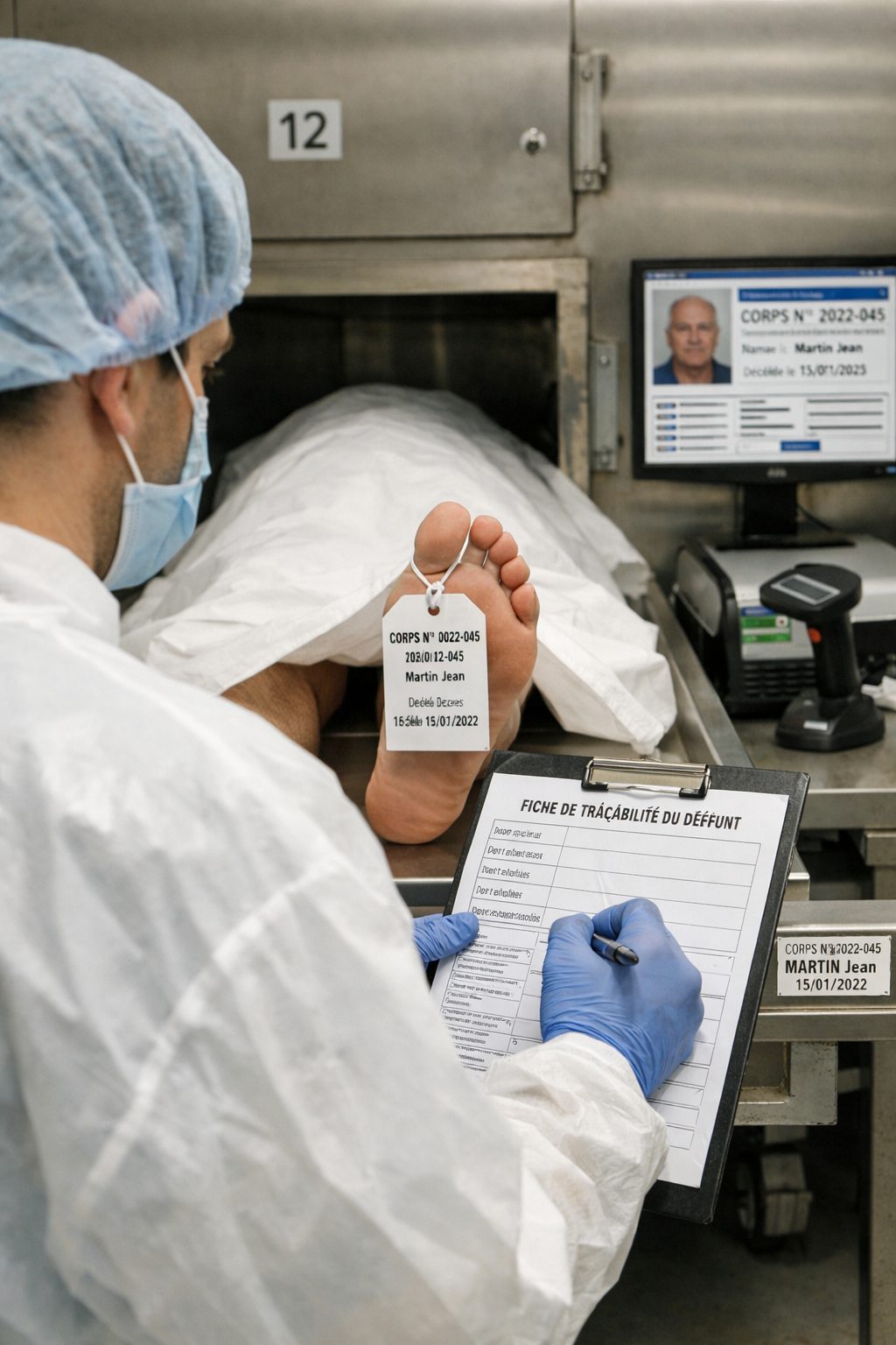 Agent de morgue remplissant une fiche de traçabilité du défunt dans une chambre mortuaire