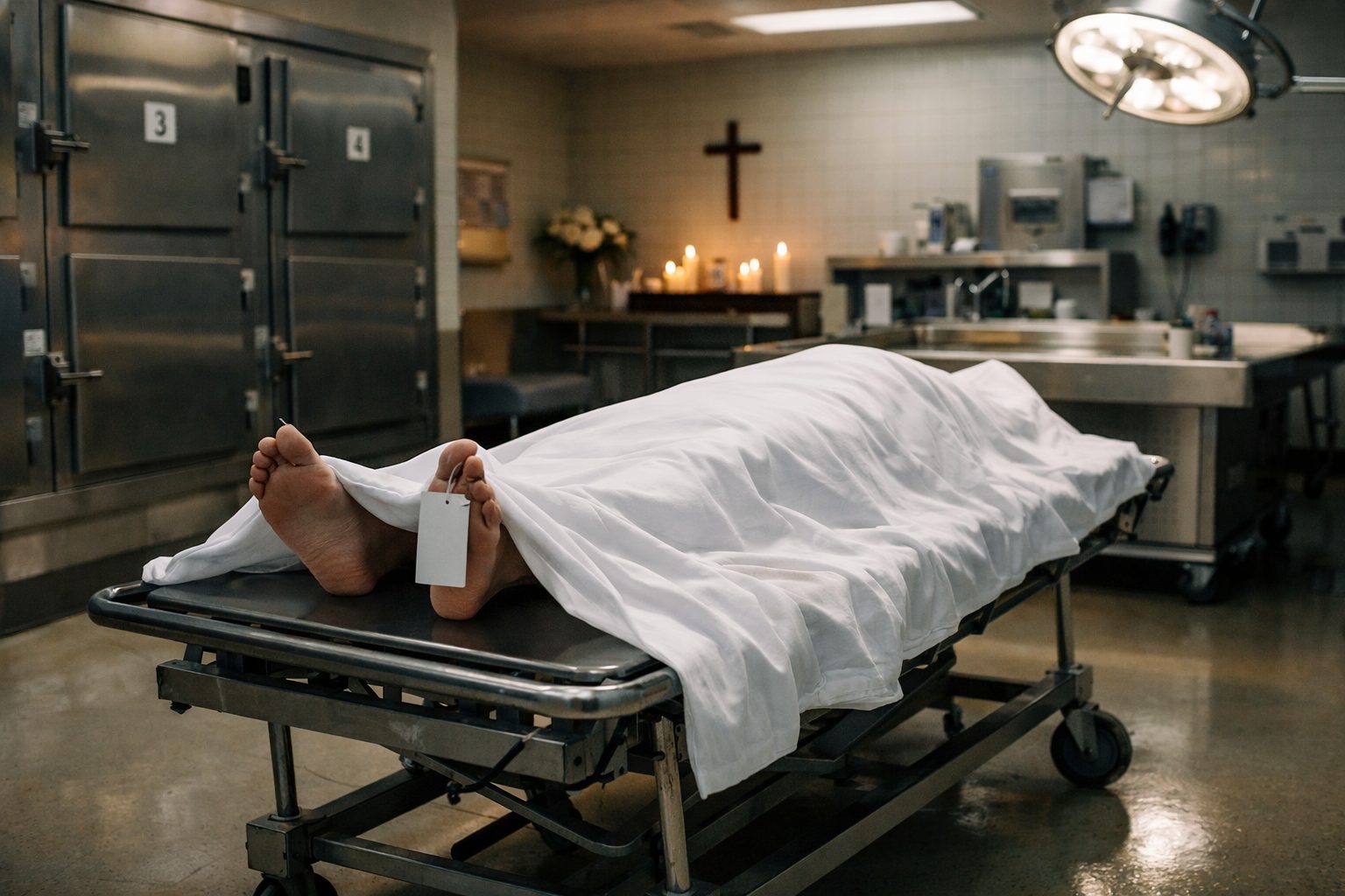 Chambre mortuaire dans un hôpital avec un brancard recouvert d’un drap blanc dans un espace médical calme et sobre