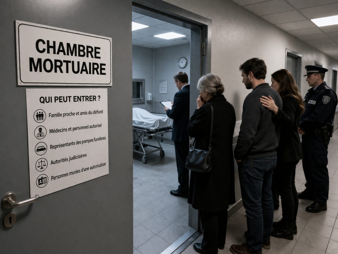Famille et personnel autorisé devant l’entrée d’une chambre mortuaire dans un hôpital