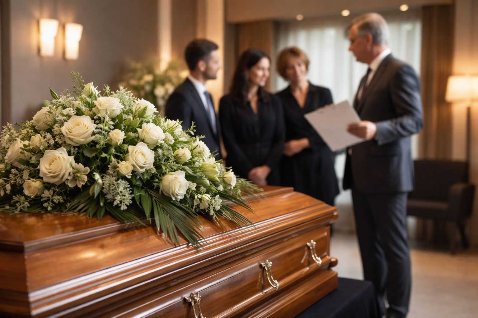 Famille échangeant avec un conseiller funéraire devant une chambre funéraire après un décès