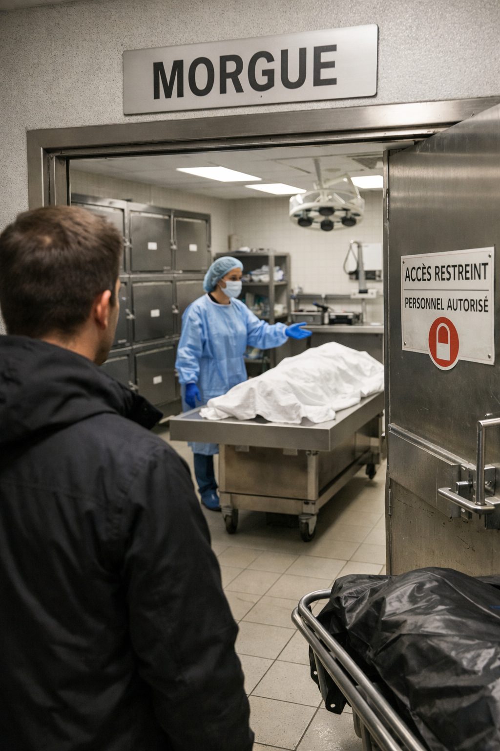 Entrée de la morgue d’un hôpital avec agent hospitalier et espace de recueillement