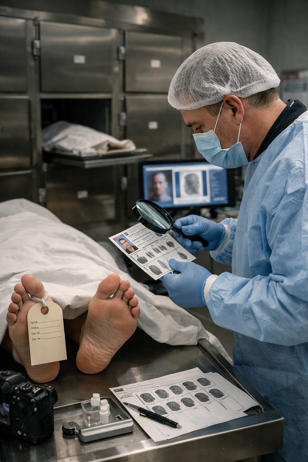 Technicien de morgue procédant à l’identification d’un corps dans un environnement médico-légal