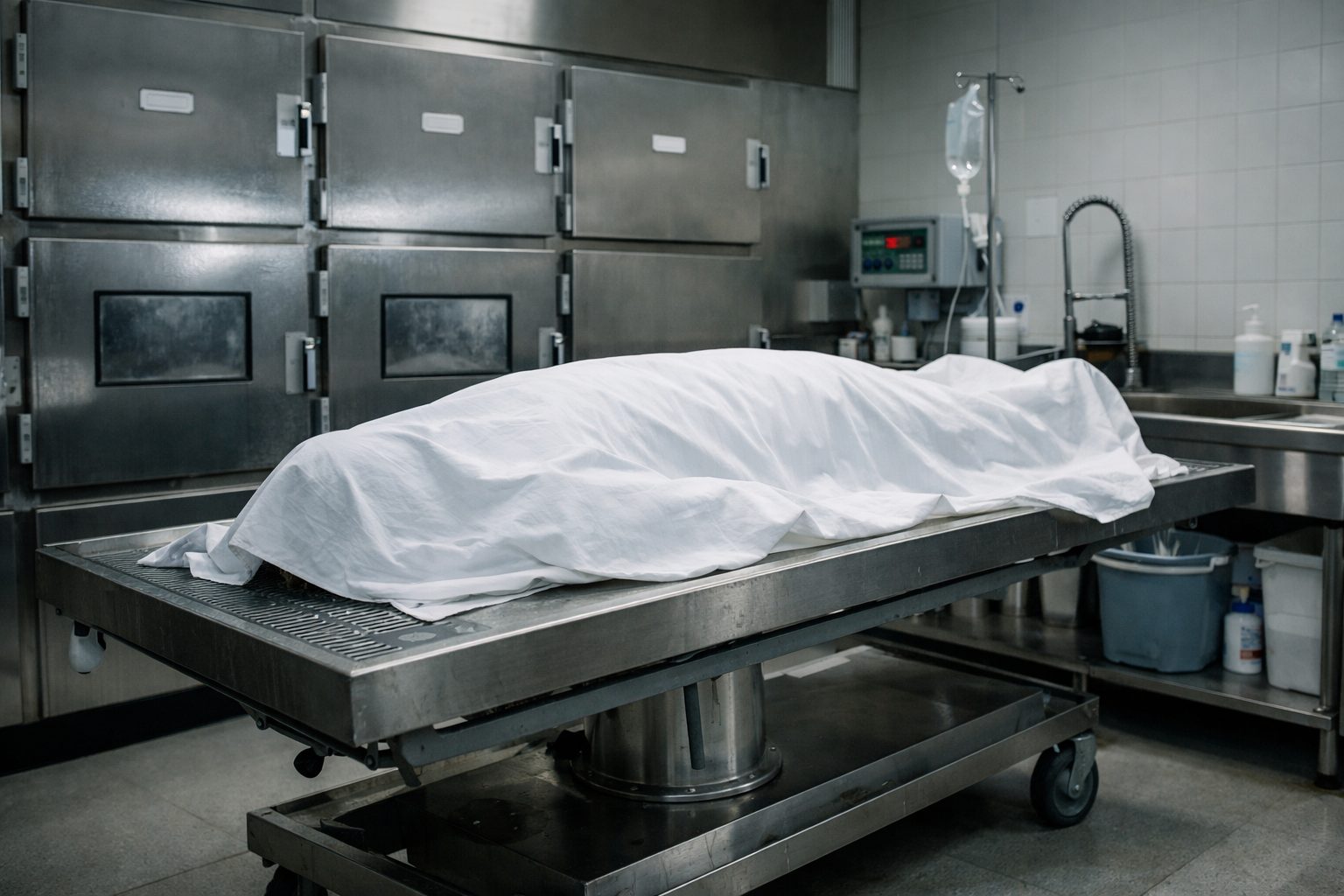 Chambre mortuaire avec corps recouvert d’un drap blanc sur une table réfrigérée de conservation