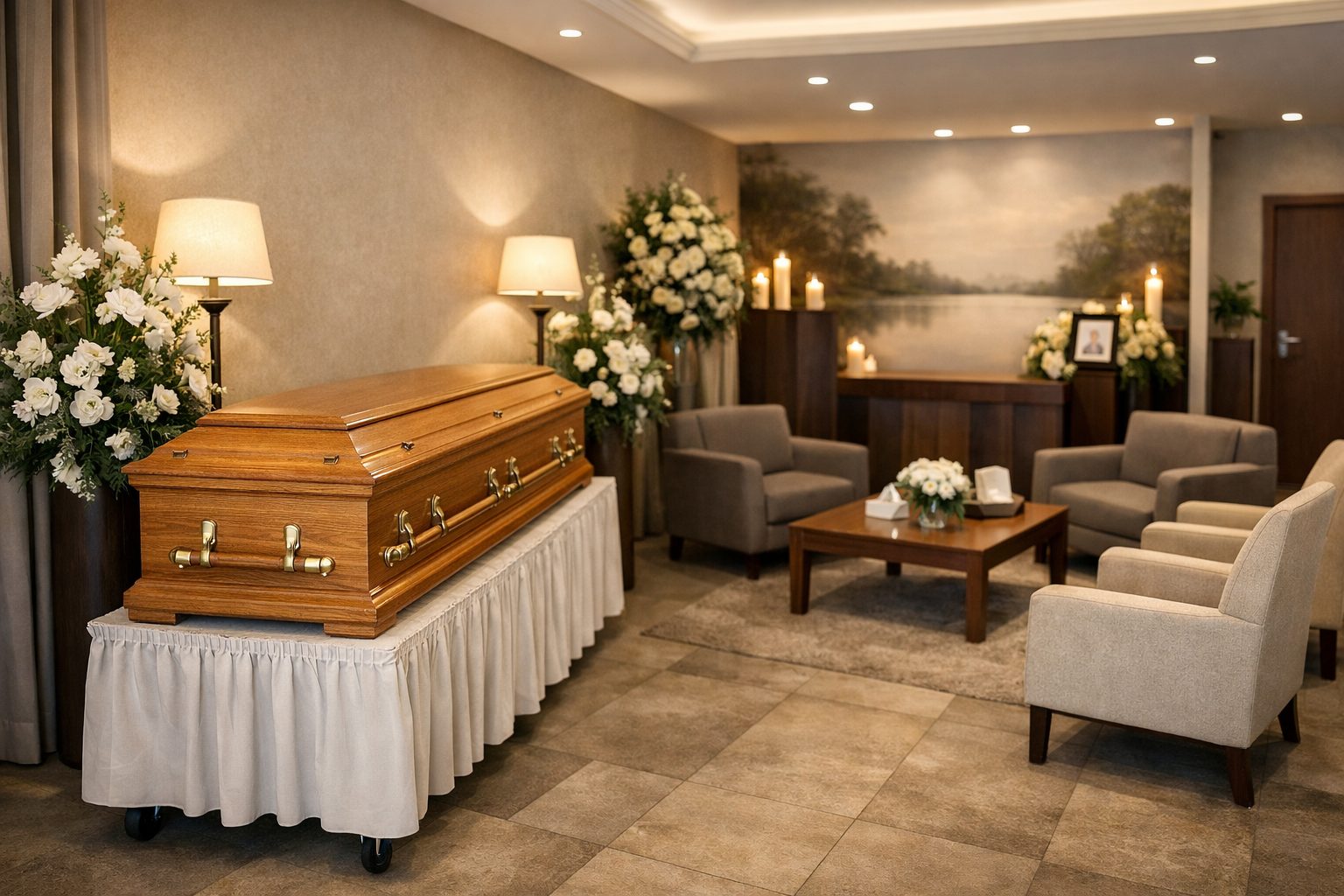 Salon de chambre funéraire avec cercueil en bois et espace de recueillement illustrant le prix moyen d’un funérarium