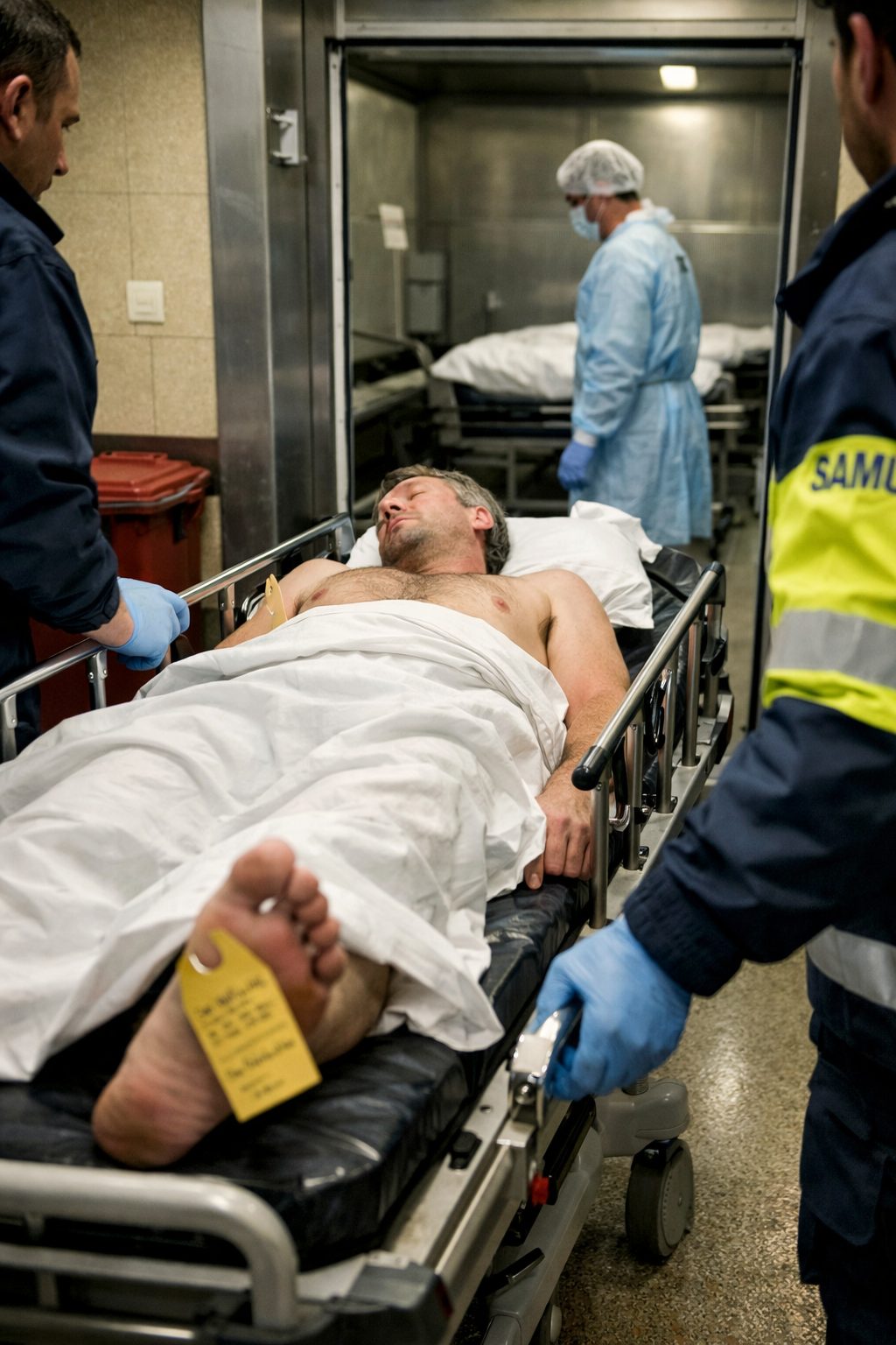 Transport d’un défunt sur un brancard avant son arrivée à la morgue dans un couloir hospitalier