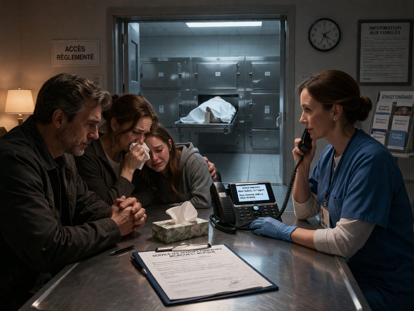 Famille en deuil reçue dans une salle de consultation de morgue pour obtenir des informations sur les démarches après un décès