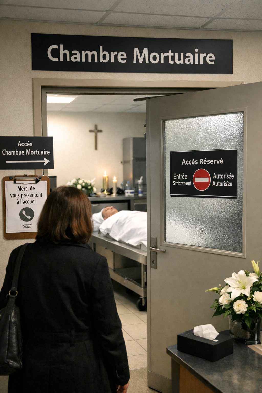 Femme entrant dans une chambre mortuaire après un décès dans un établissement hospitalier