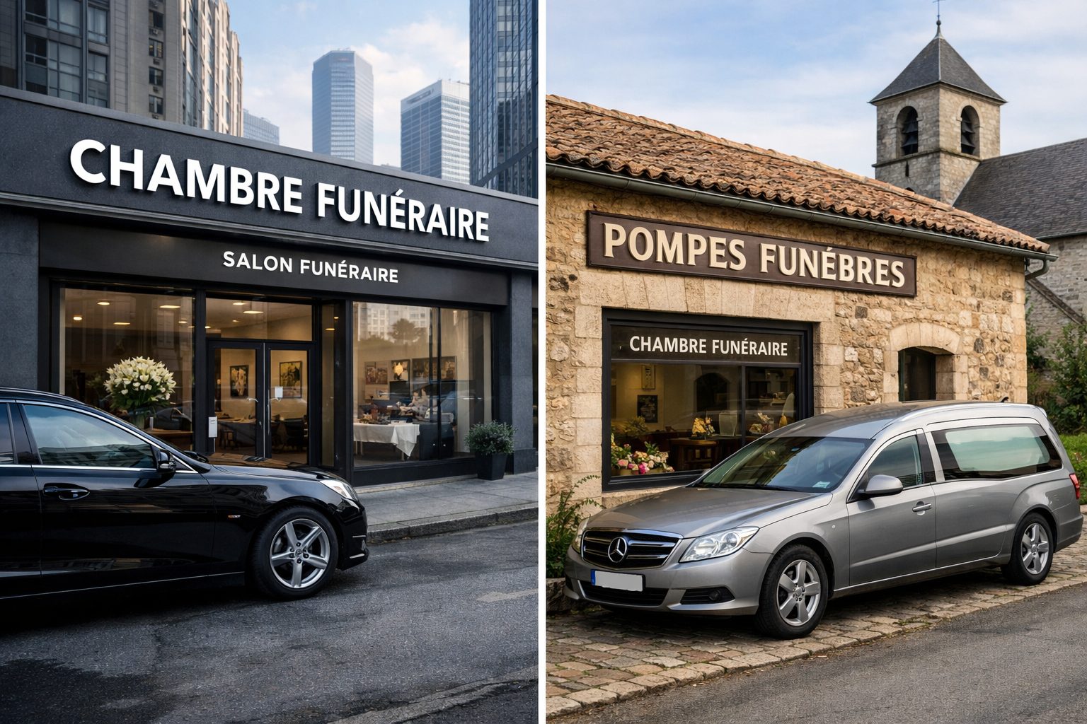 Comparaison entre une chambre funéraire en ville et une chambre funéraire en zone rurale illustrant les différences de tarification selon les communes