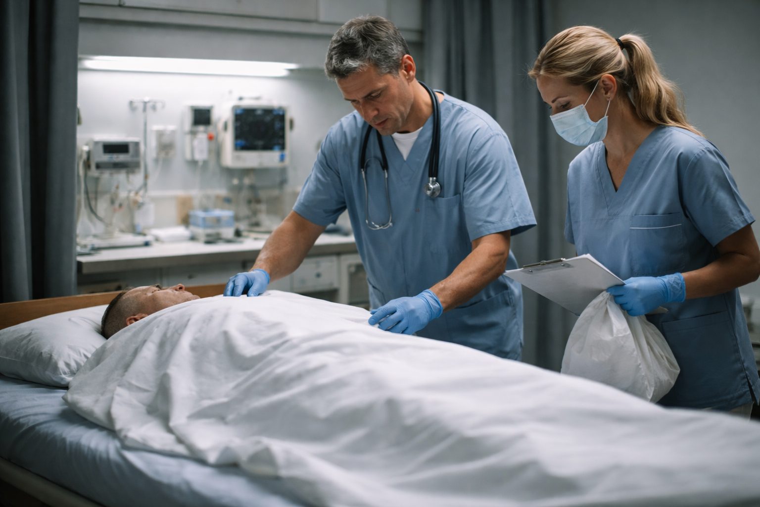 Personnel hospitalier prenant en charge un défunt dans une chambre d’hôpital après un décès