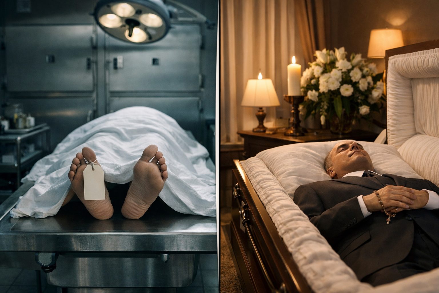 Différence entre une morgue et une chambre mortuaire avec une scène froide en salle technique et un espace funéraire plus apaisé