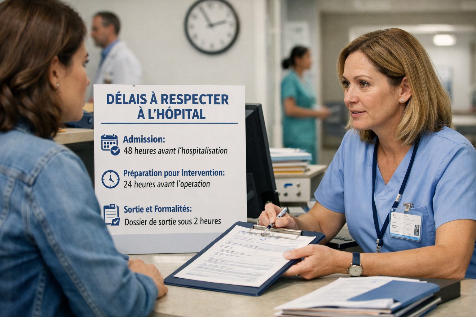 Patiente effectuant des formalités administratives à l’hôpital avec une agente d’accueil avant une hospitalisation