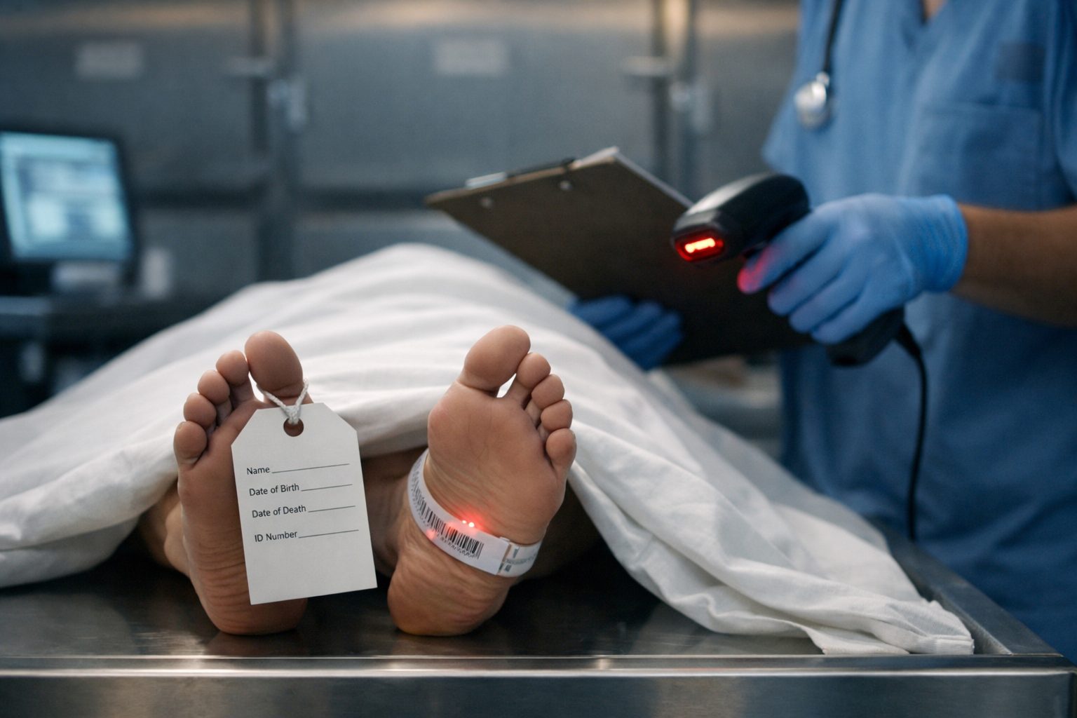 Professionnel hospitalier vérifiant l’identité d’un défunt grâce à un bracelet d’identification en milieu hospitalier