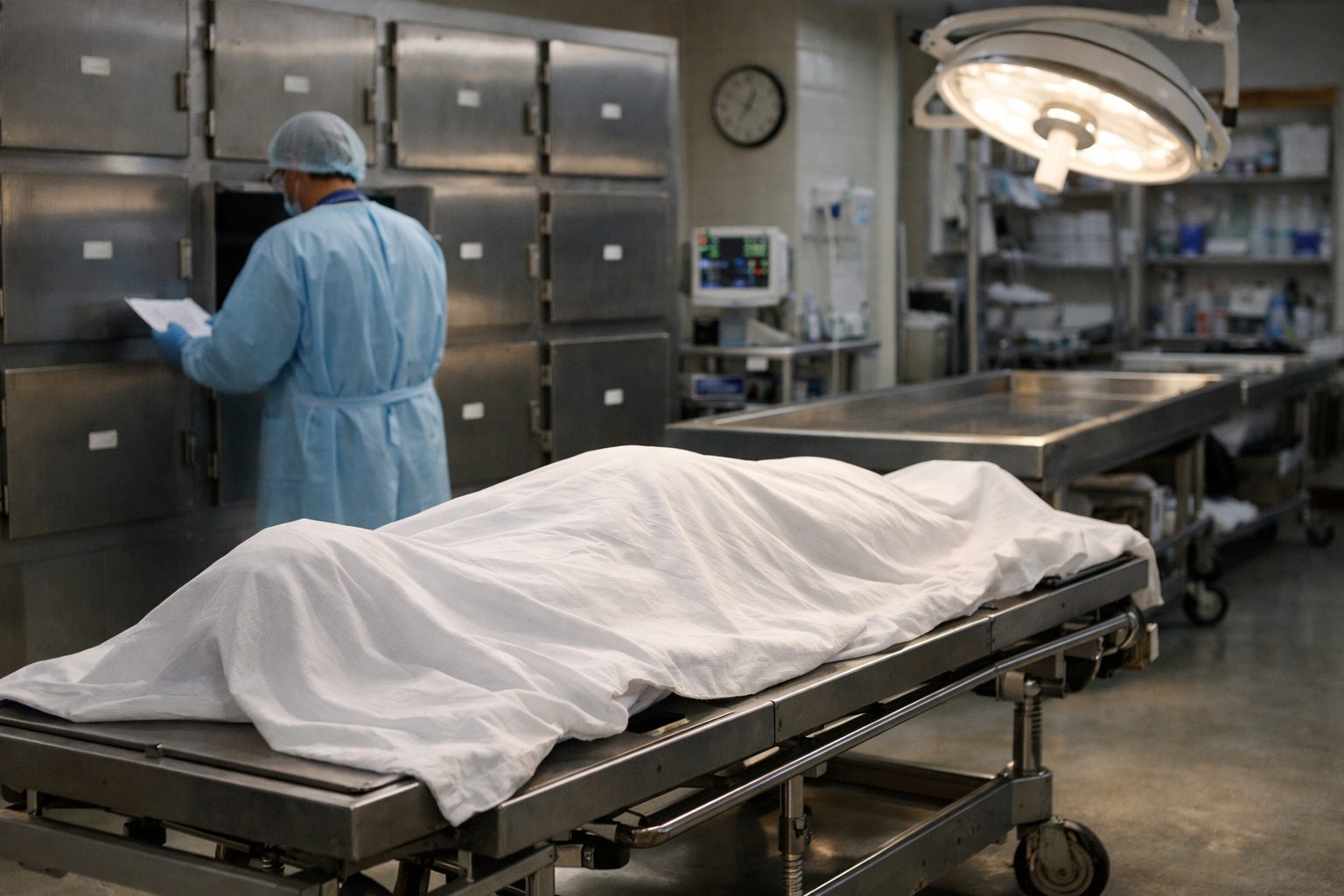 Corps recouvert d’un drap dans une chambre mortuaire d’hôpital avec personnel médical en arrière-plan