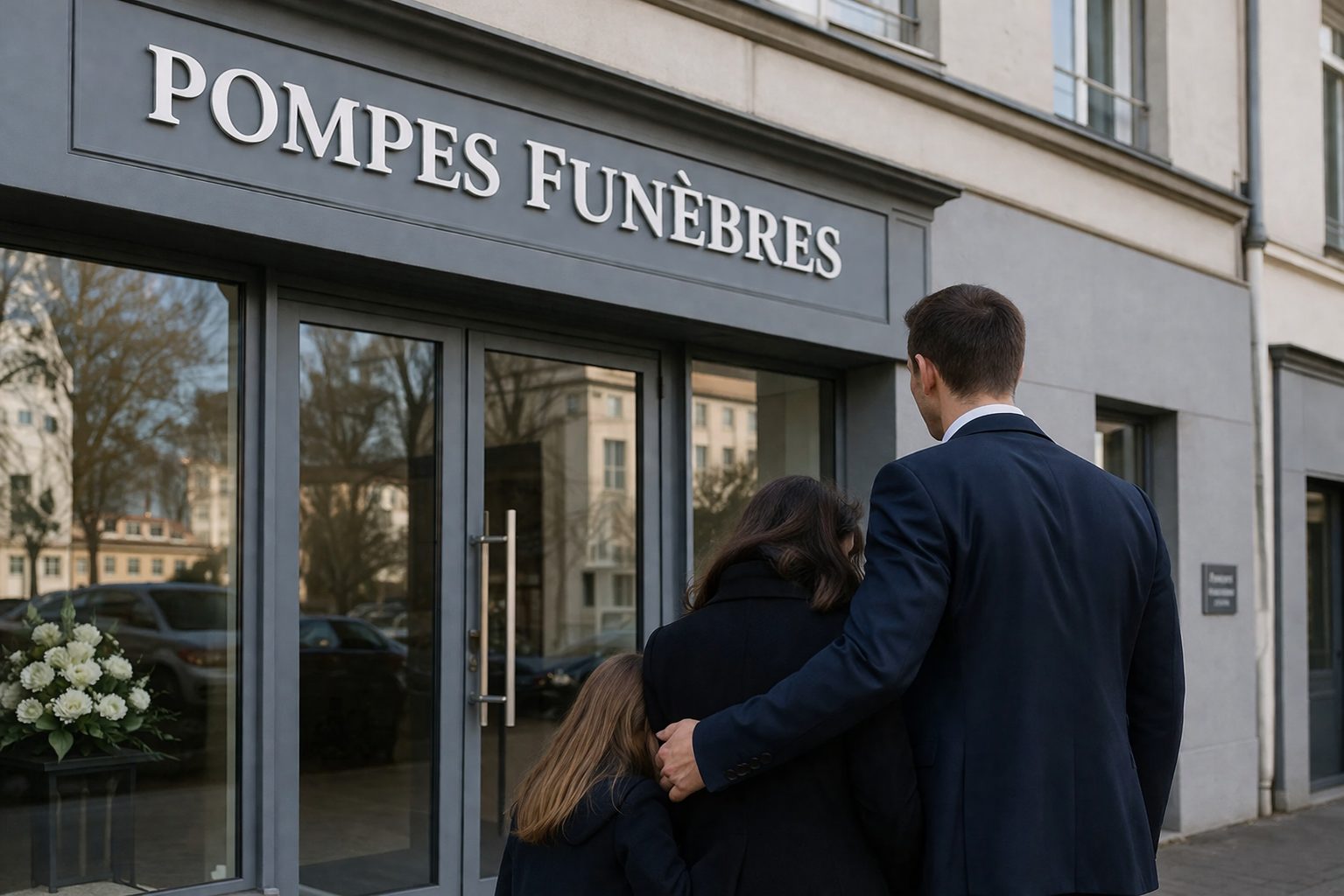 Famille devant une agence de pompes funèbres après un décès pour organiser des obsèques