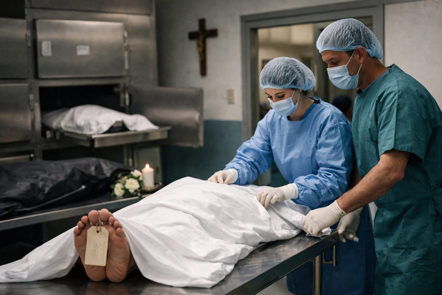 Personnel hospitalier appliquant des procédures funéraires strictes dans un service mortuaire à l’hôpital