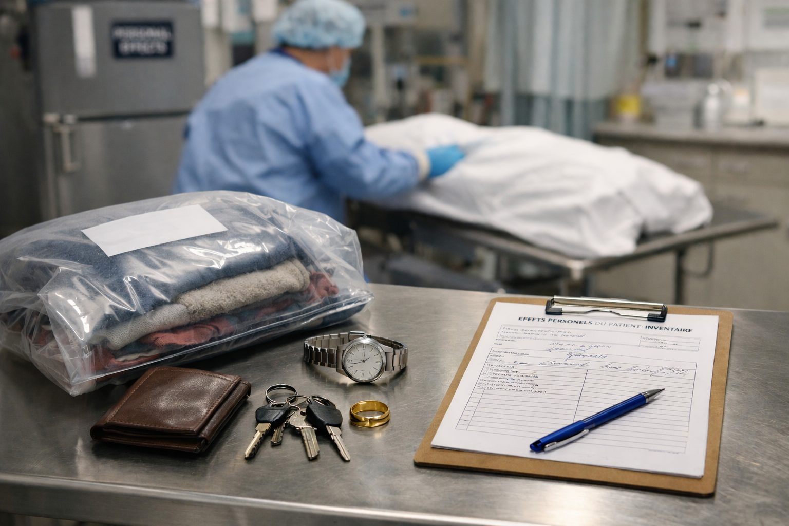 Gestion des effets personnels après un décès à l’hôpital avec inventaire, bijoux, clés, téléphone et objets du défunt