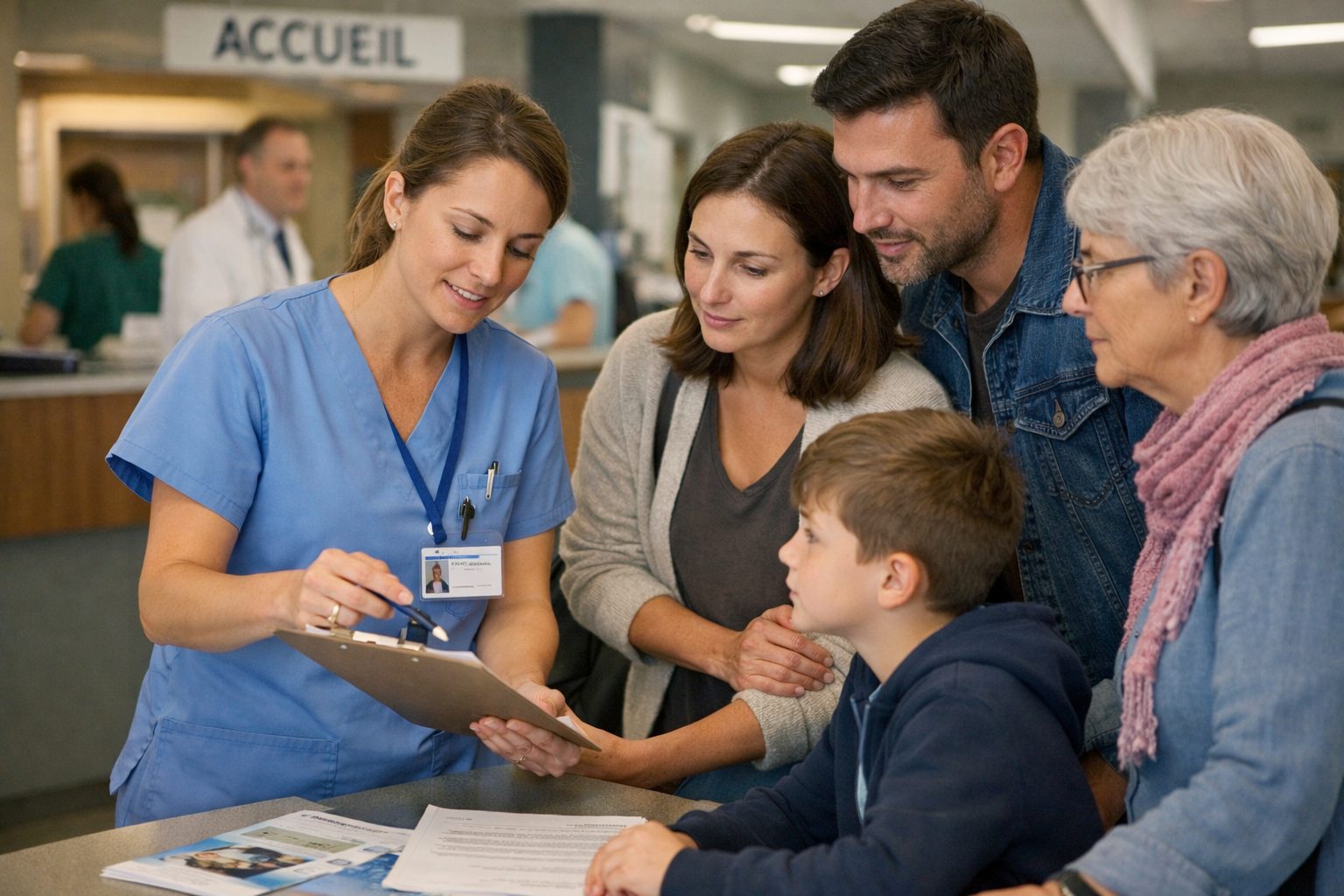 Infirmière guidant une famille dans les premières démarches administratives à l’hôpital