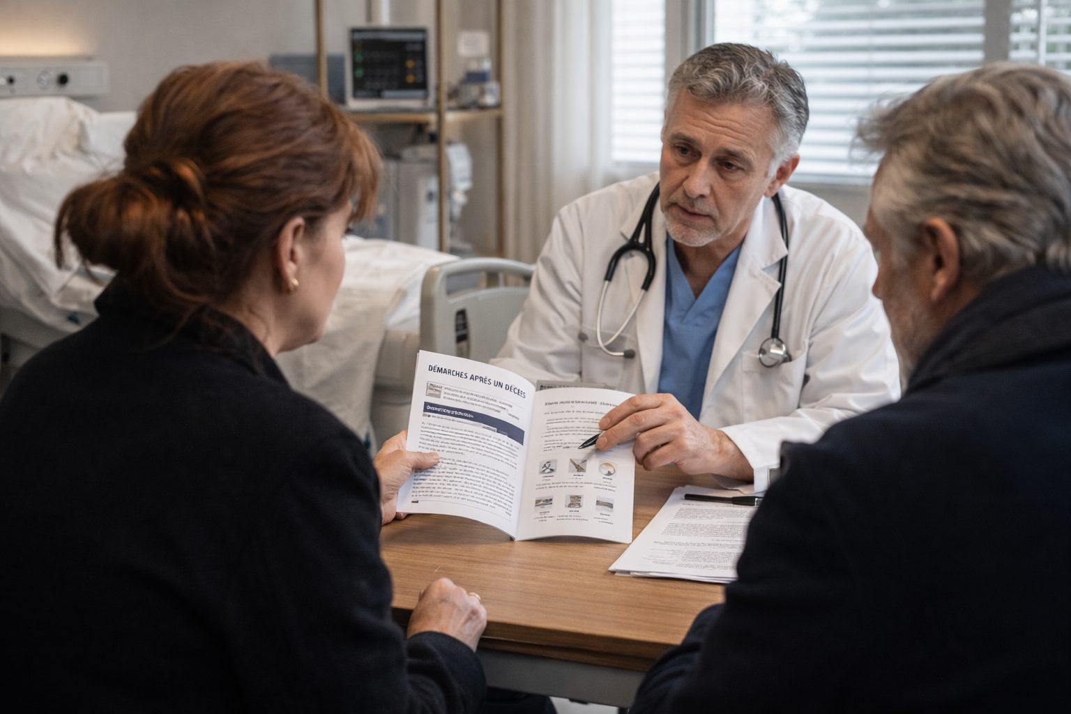 Personnel hospitalier guidant une famille dans les premières démarches après un décès