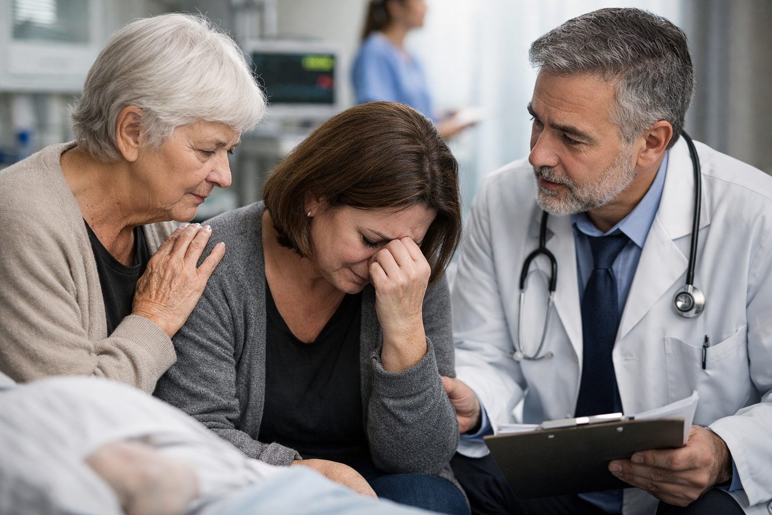 Médecin et proche en deuil à l’hôpital après le décès d’un membre de la famille