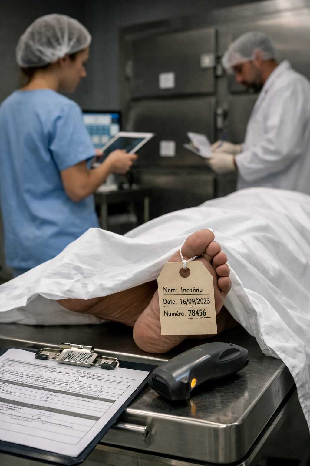 Personnel hospitalier assurant la traçabilité d’un défunt en chambre mortuaire avec étiquette d’identification, documents de suivi et contrôle administratif
