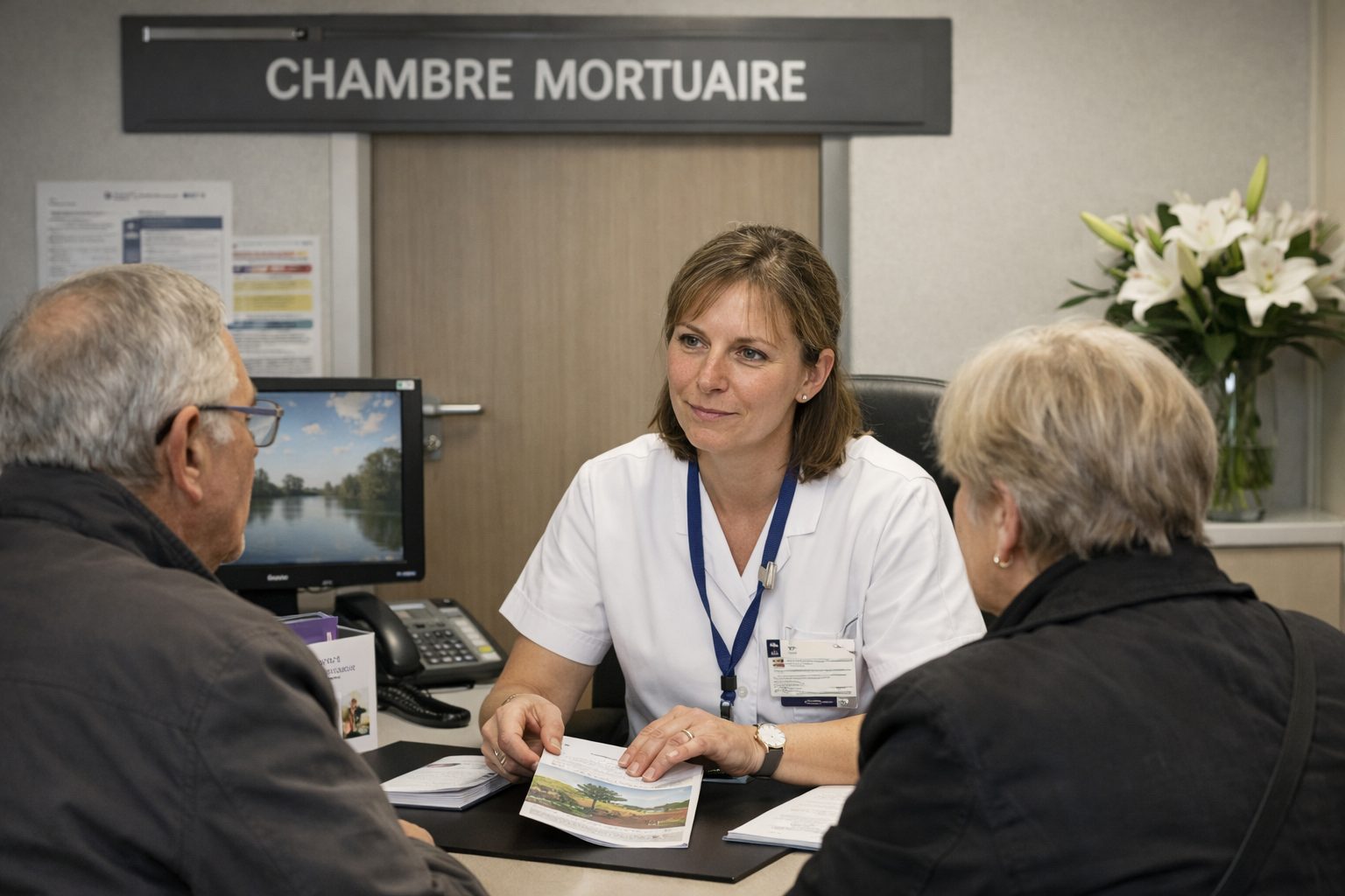 Agente hospitalière renseignant une famille sur la chambre mortuaire dans un hôpital