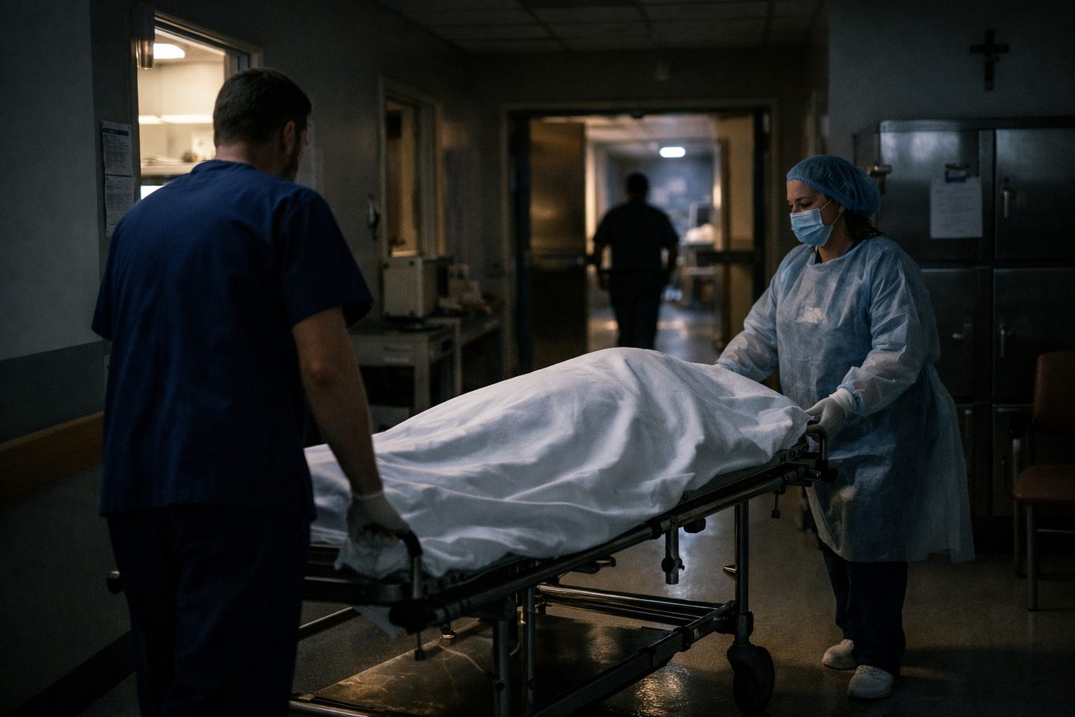 Personnel hospitalier transférant un défunt sur un brancard dans un couloir d’hôpital la nuit