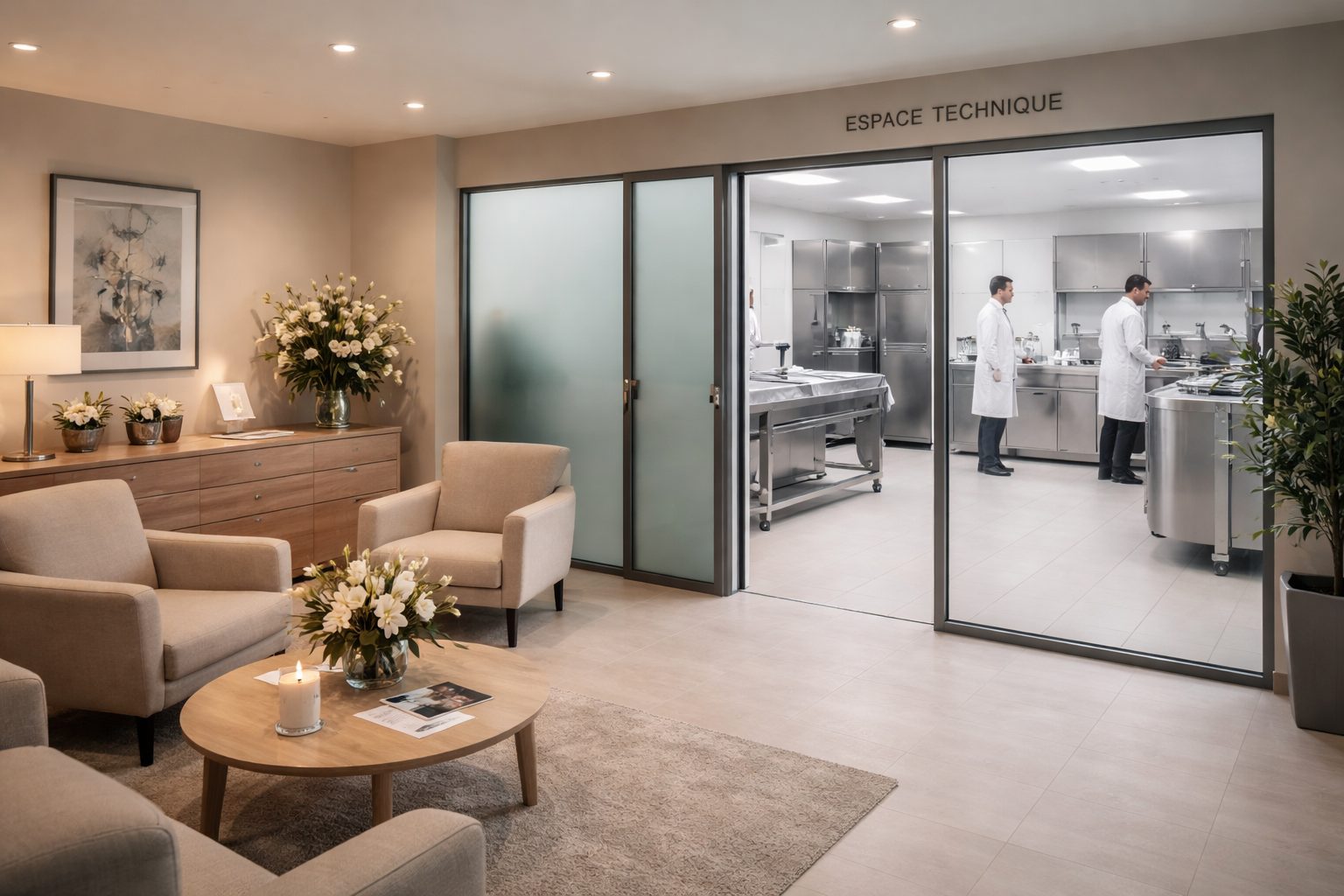 Chambre funéraire avec séparation claire entre l’espace d’accueil des familles et les zones techniques réservées au personnel