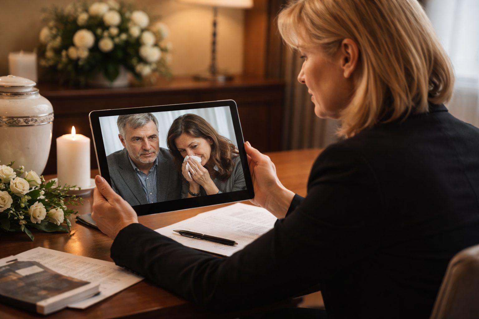 Conseillère de pompes funèbres accompagnant une famille à distance par visioconférence dans le cadre de l’organisation d’obsèques