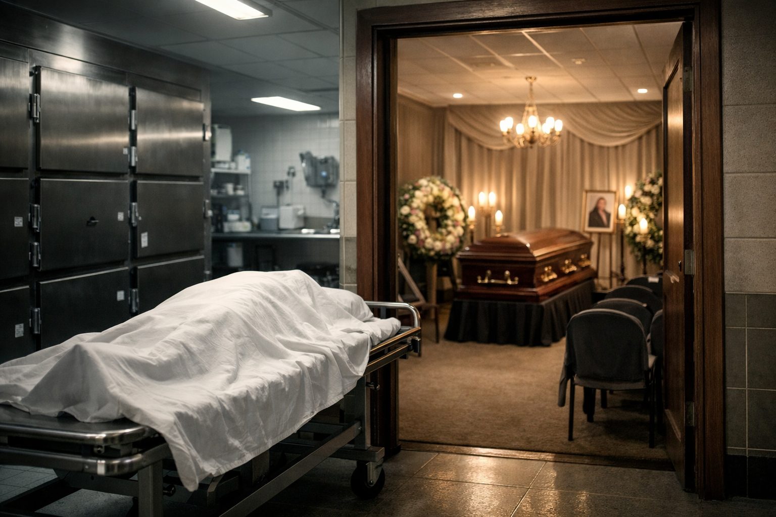 Illustration ultra réaliste montrant le passage d’une chambre mortuaire vers une chambre funéraire