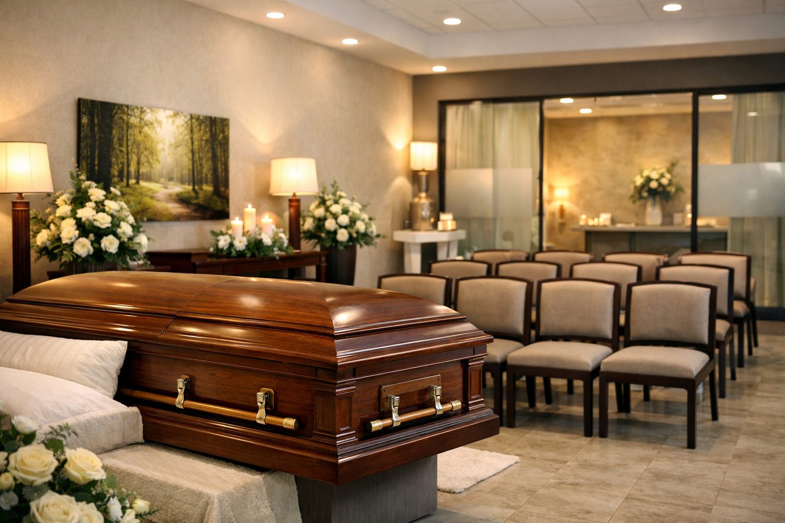Chambre funéraire bien tenue avec cercueil en bois, sièges alignés, fleurs blanches et ambiance soignée renforçant l’image professionnelle des pompes funèbres