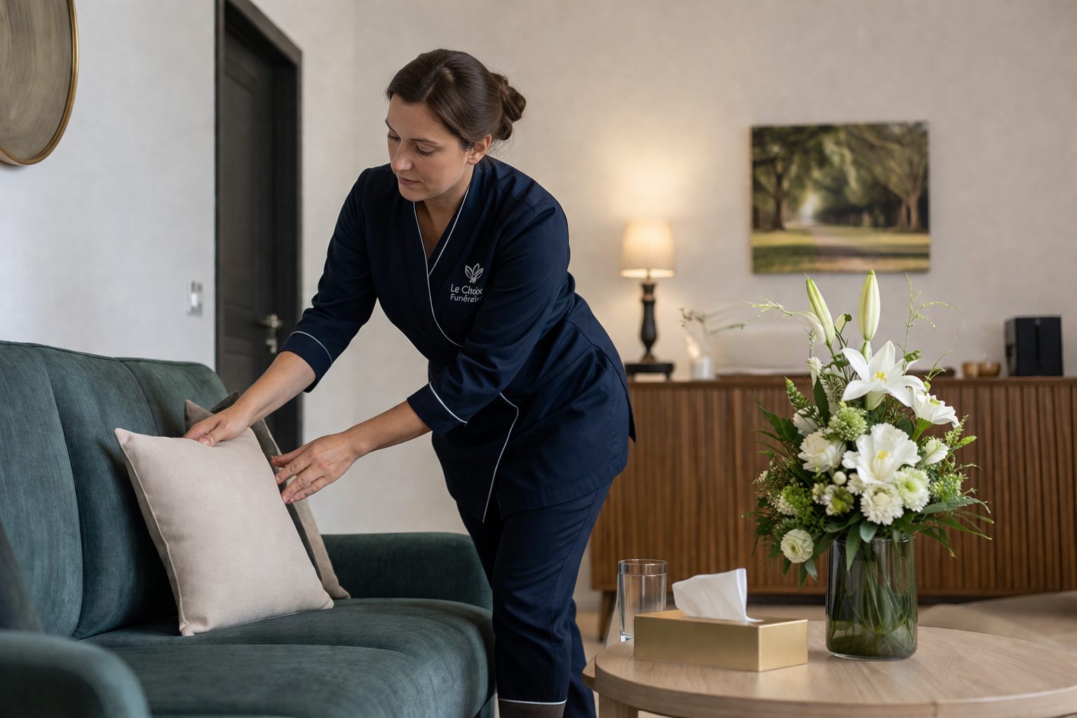 Professionnelle préparant un salon de chambre funéraire avant l’arrivée d’une famille avec fleurs, éclairage doux et espace de recueillement soigné