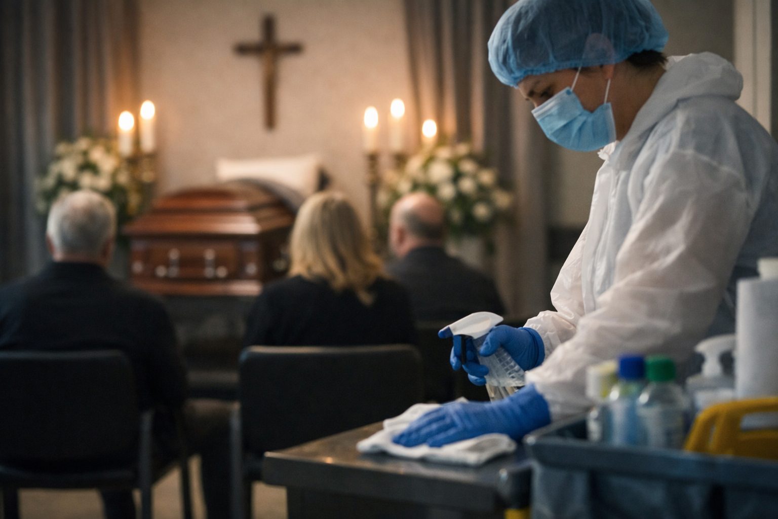 Agent d’entretien nettoyant discrètement une chambre funéraire pour préserver le recueillement des visiteurs