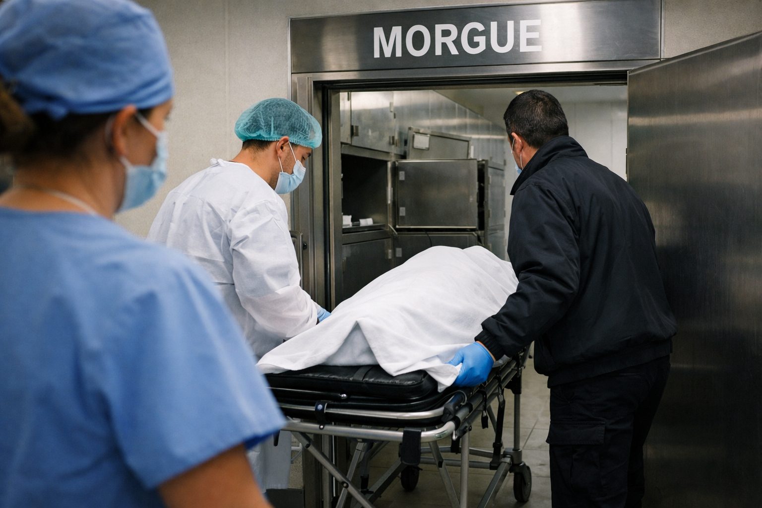 Transfert d’un défunt de l’hôpital vers la morgue par le personnel hospitalier dans un couloir médicalisé