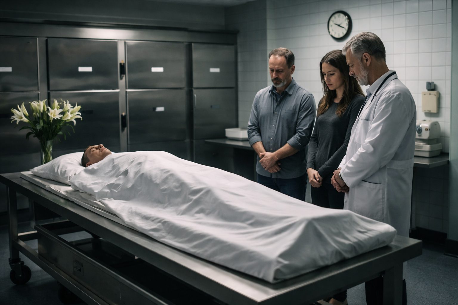 Famille en recueillement dans une chambre mortuaire après un décès à l’hôpital