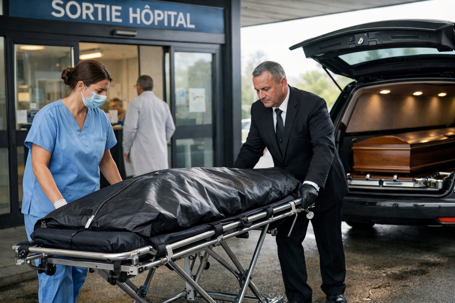 Organisation du transfert d’un défunt entre l’hôpital et la chambre funéraire avec personnel soignant et agent funéraire