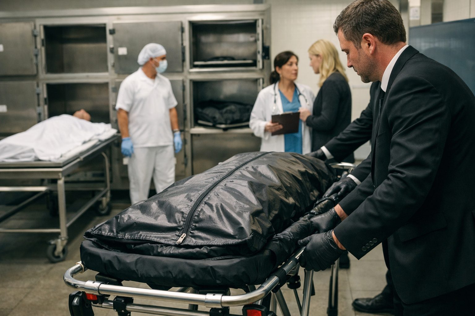 Agents de pompes funèbres intervenant dans une chambre mortuaire d’hôpital après la prise en charge initiale du défunt par l’établissement