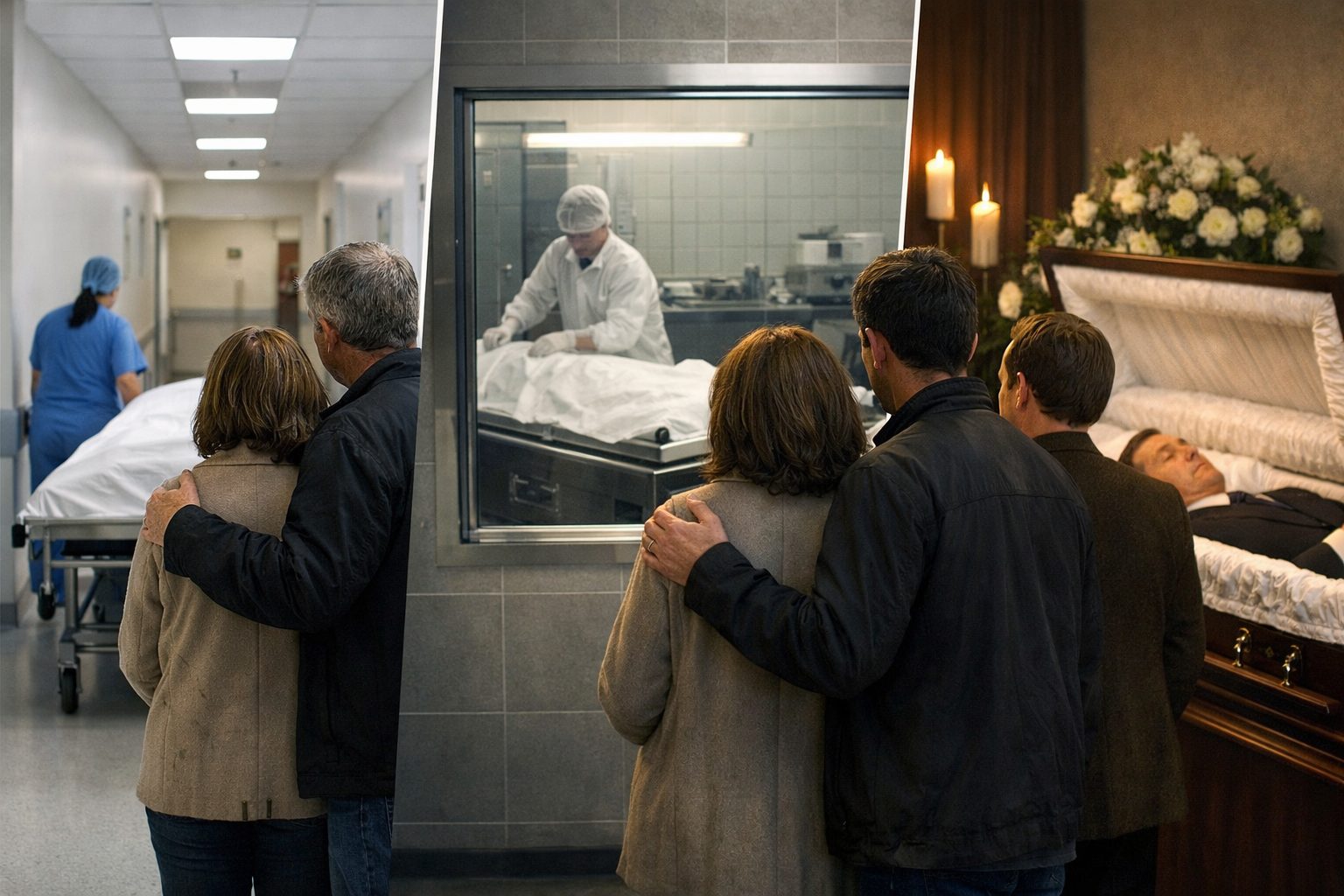 Famille suivant le parcours d’un défunt entre hôpital, morgue et chambre funéraire dans une scène réaliste et sobre