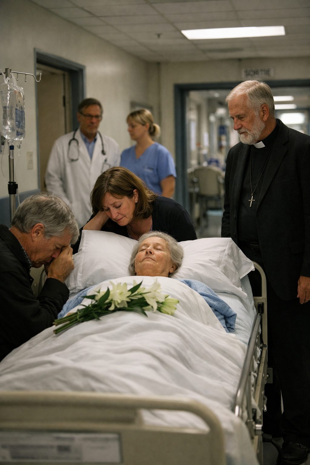 Famille en recueillement autour d’un défunt à l’hôpital au début du parcours funéraire