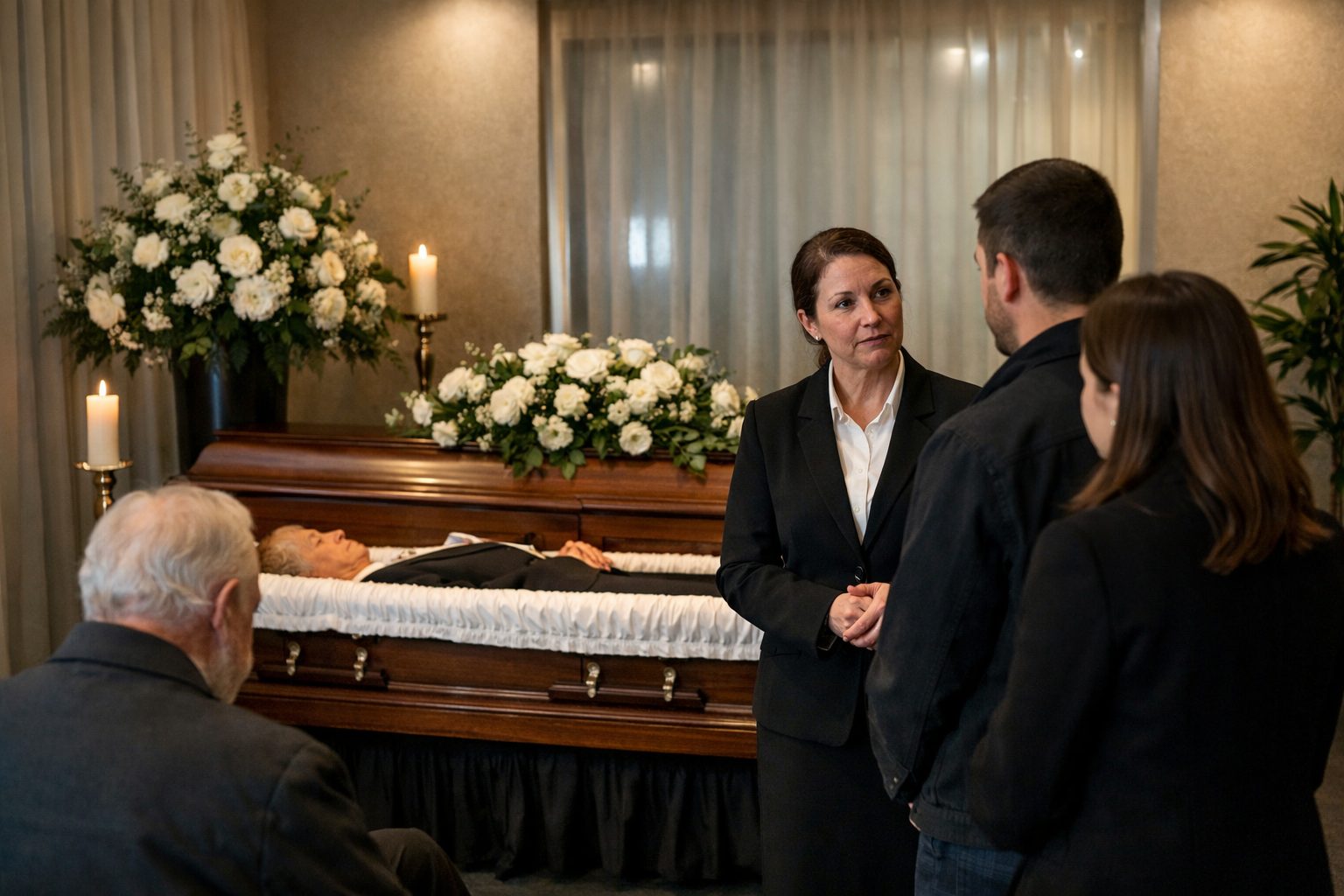 Famille en recueillement dans une chambre funéraire avant les obsèques