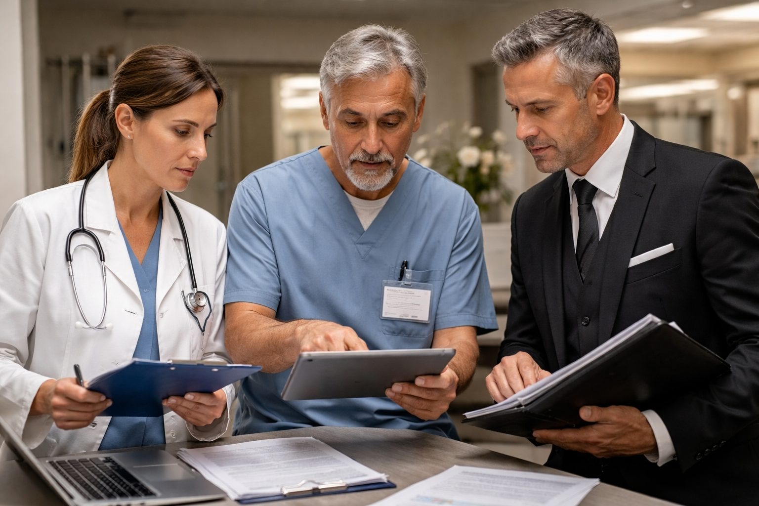 Échange d’informations entre un médecin hospitalier, un agent de chambre mortuaire et un conseiller funéraire lors de la prise en charge après un décès
