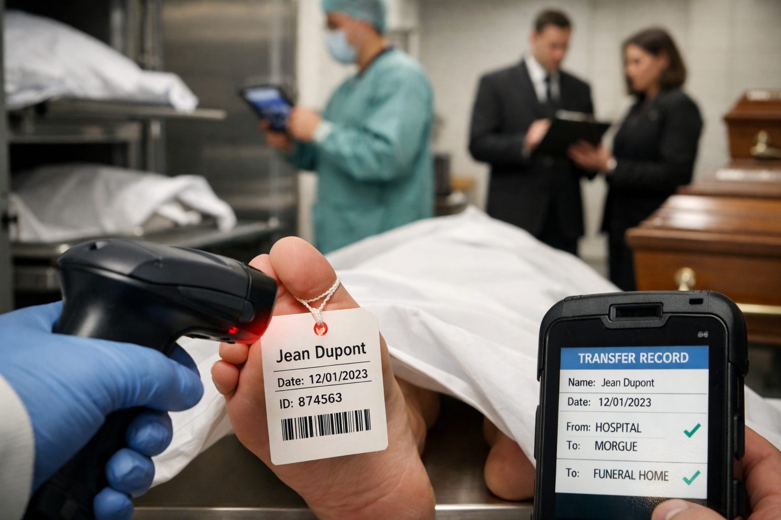 Illustration réaliste de la traçabilité entre hôpital, morgue et pompes funèbres avec contrôle d’identité du défunt et suivi du transfert