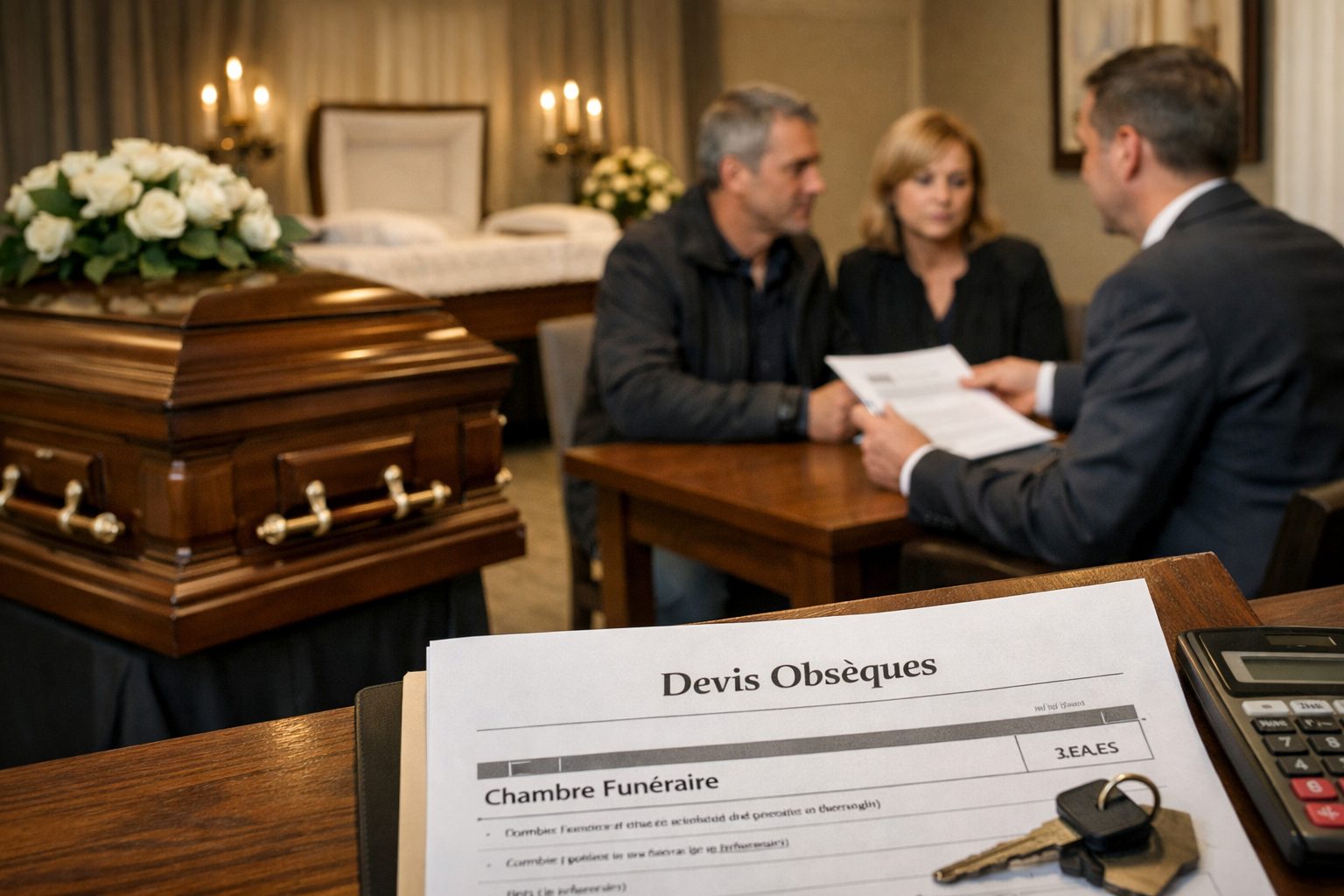 Devis de pompes funèbres incluant la chambre funéraire présenté à une famille dans un funérarium