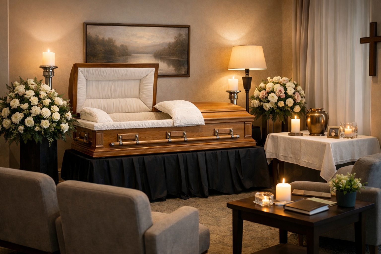 Intérieur réaliste d’une chambre funéraire avec cercueil en bois, fleurs blanches, bougies et espace de recueillement apaisant