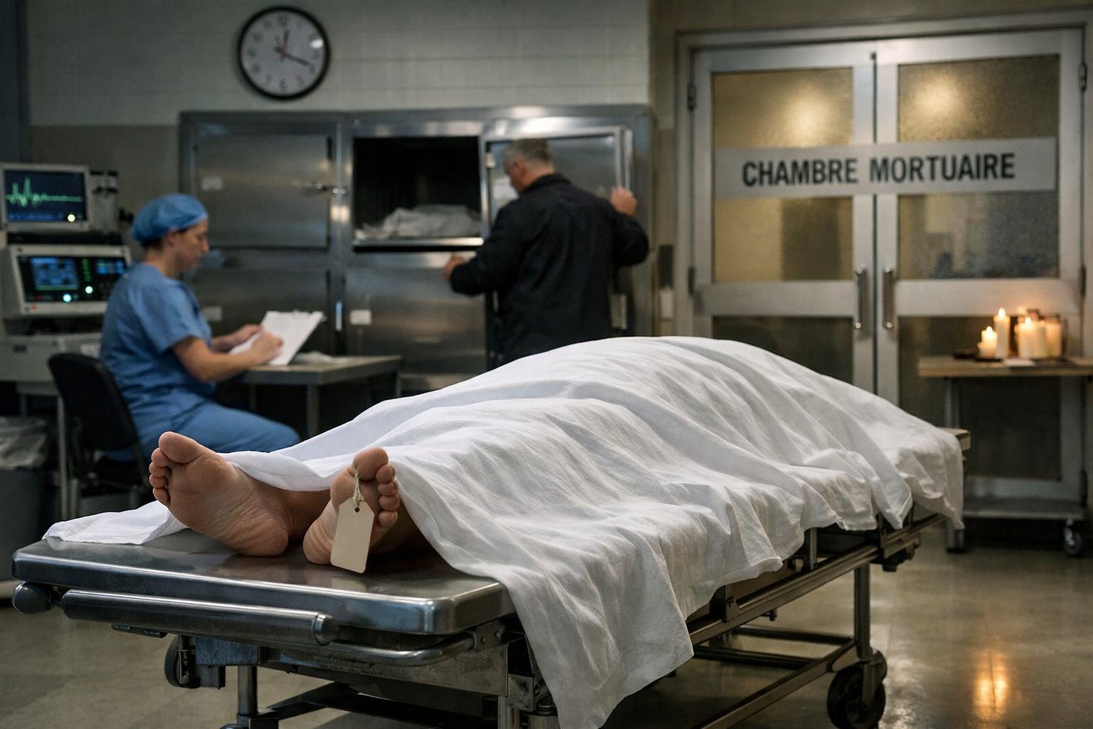 Chambre mortuaire à l’hôpital le week-end avec brancard recouvert et personnel hospitalier en arrière-plan